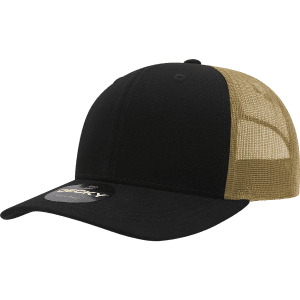 A black and khaki 6 panel mid profile structured trucker cap with a mesh back and a logo.