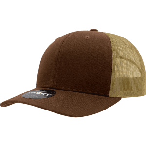 A brown 6 panel mid profile structured trucker cap with a cream mesh back and a logo on the front.