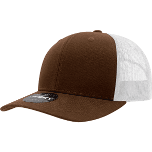 A brown 6-panel mid-profile structured trucker cap with a white mesh back and a logo on the front.
