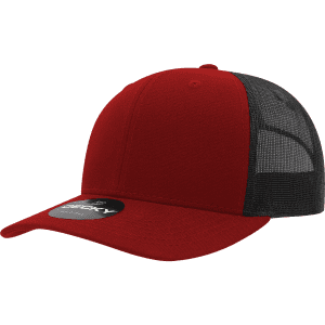 A red 6-panel mid-profile structured trucker cap with a black mesh back and a logo.