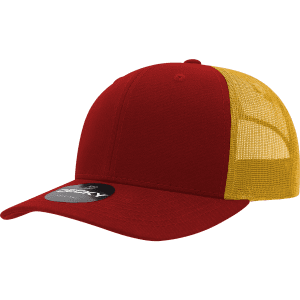 A red and yellow 6 Panel Mid Profile Structured Trucker cap with a mesh backing and a logo on the front.