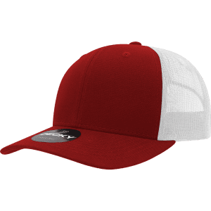 A red mid-profile structured trucker cap with a white mesh back and a decorative logo.