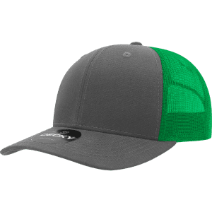 A grey and green structured trucker hat featuring a mesh back and a logo.