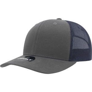 A grey trucker cap with a structured mid-profile design and mesh sides, featuring a logo on the front.