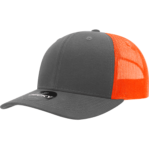 A grey trucker hat with an orange mesh back and a branded label on the front.