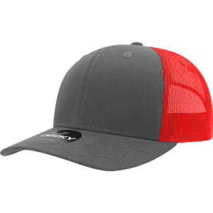 A grey trucker cap with a red mesh back and a curved brim, featuring a logo on the front.