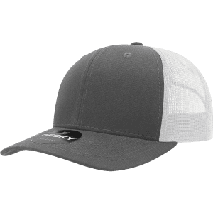 A grey mid-profile structured trucker cap with a white mesh back and a logo on the front.