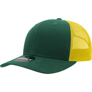 A green trucker cap with a structured design and a yellow mesh back, featuring a logo on the front.