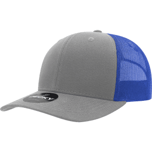 A grey and blue 6-panel mid-profile structured trucker hat with a mesh back and a logo.