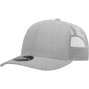 A grey 6 panel mid profile structured trucker cap with a mesh back and a logo.