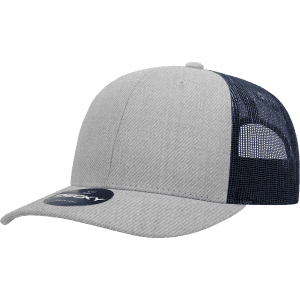 A grey trucker cap with a structured mid-profile design and a navy mesh back, featuring a logo.
