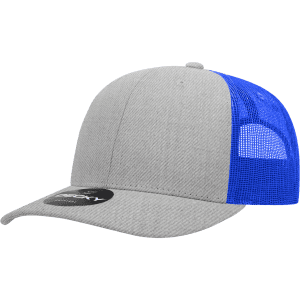 A grey and blue structured trucker cap featuring a mesh back and a logo on the front.