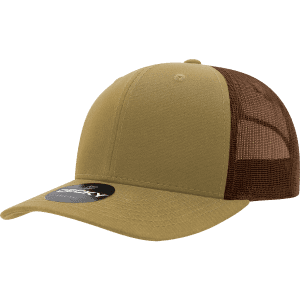 A khaki and brown trucker cap with a structured mid-profile design and branding on the side.