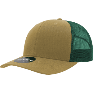A khaki and green structured trucker cap with a mesh back and a logo on the front.