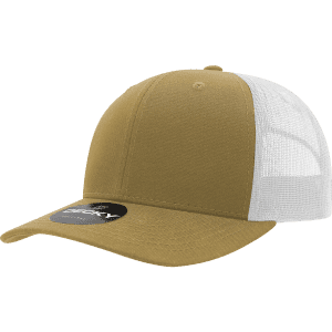A structured trucker cap in olive green with a white mesh back, featuring a logo on the front.