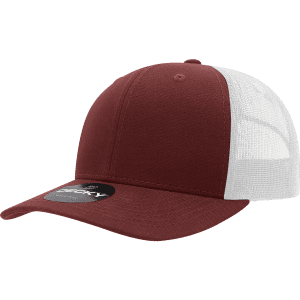 A maroon mid-profile structured trucker cap with a white mesh back and a logo on the side.