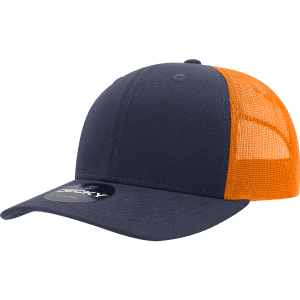 A navy blue and orange 6 panel mid profile structured trucker cap with a mesh back and branding.