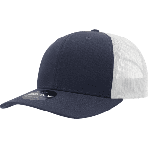 A navy blue trucker cap with a structured design and a white mesh back, featuring a logo on the front.
