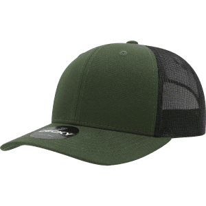 A structured trucker cap in olive green with a black mesh back and a logo on the front.