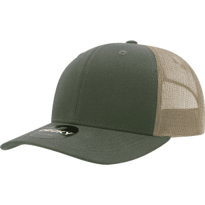 A green and beige 6-panel mid-profile structured trucker cap with a mesh back and a logo.