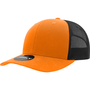 An orange and black structured trucker cap featuring a mesh back and a branded logo.