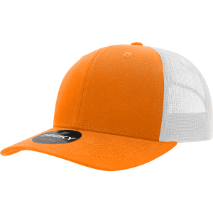 An orange mid-profile structured trucker cap with a white mesh rear and a circular logo on the front.