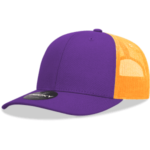 A purple trucker cap with an orange mesh back and a structured mid-profile design. It features a logo on the front.