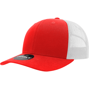 A red and white 6-panel mid-profile structured trucker cap with a logo on the front.