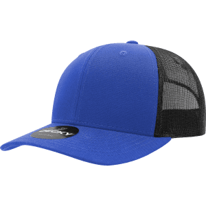 A blue 6-panel mid-profile structured trucker cap with a black mesh back and a logo on the front.