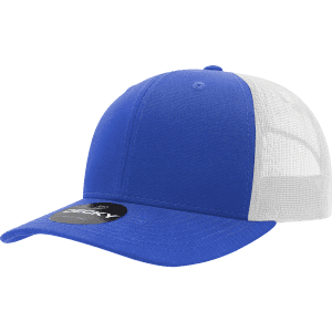 A blue and white 6 Panel Mid Profile Structured Trucker cap featuring a logo on the front.