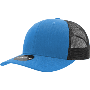 A blue and black 6-panel mid-profile structured trucker cap with a mesh back and a branded logo.