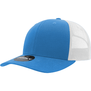 A blue and white structured trucker cap with a mid-profile design and a logo on the visor.