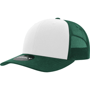 A green and white 6 panel mid profile structured trucker cap with a mesh back and a logo.