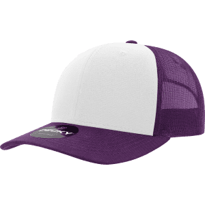 A purple and white 6 panel mid profile structured trucker cap with a mesh back and a branded tag.