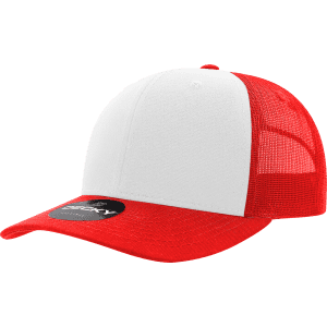 A red and white structured trucker cap featuring a mesh back and a branded patch on the front.