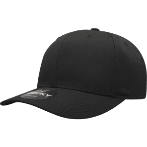 A black 6 panel mid profile structured cap with a curved brim and a logo on the side.