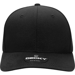 A black structured cap with a mid-profile and a logo on the front.