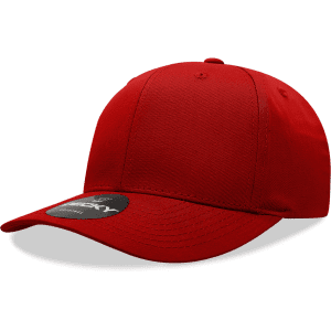 A red 6 panel mid-pro cap made from a cotton/poly blend, featuring a logo on the front.