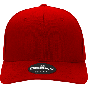 A red six-panel mid-profile structured cap with a branded logo on the front.