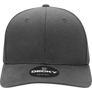 A grey 6 panel mid-profile structured cap with a curved brim and a logo on the front.