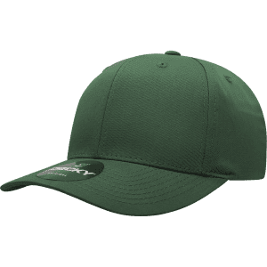 A green 6-panel mid profile structured cap with a rounded crown and a curved brim. It features a logo on the front.