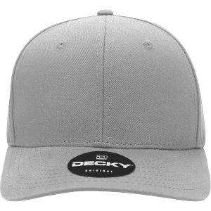 A grey 6 panel mid profile structured cap featuring a logo on the front.