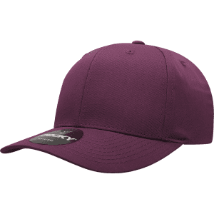 A purple 6 panel mid profile structured cap with a flat brim and a logo on the side.