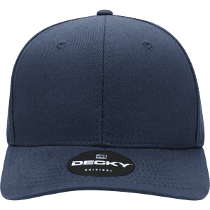 A navy blue 6 panel mid-profile structured cap with a branded logo on the front.