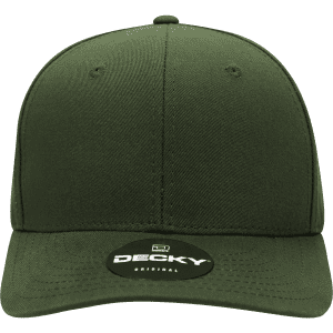 A structured mid-profile cap in olive green with a curved brim and a logo on the front.