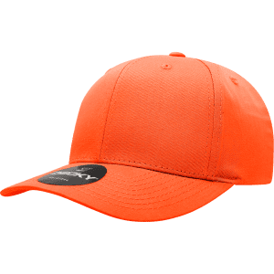 A structured cap in bright orange with a curved brim and a branding logo on the side.