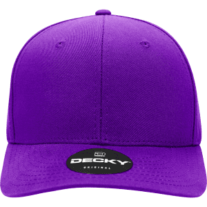 A purple 6 panel mid profile structured cap with a logo on the front. The cap features a flat brim and detailed stitching.