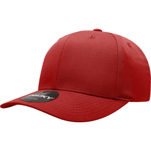 A red six-panel mid profile structured cap with a curved brim and a logo on the side.