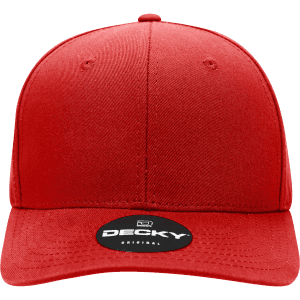 A red 6-panel mid-profile structured cap with a logo on the front.