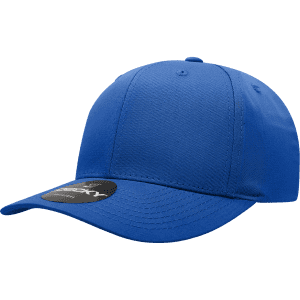 A blue six-panel mid-profile structured cap with a curved brim and a logo sticker on the front.